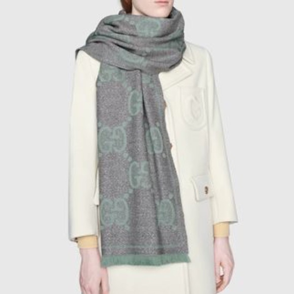 New Gucci Jumbo GG logo silver green wool scarf